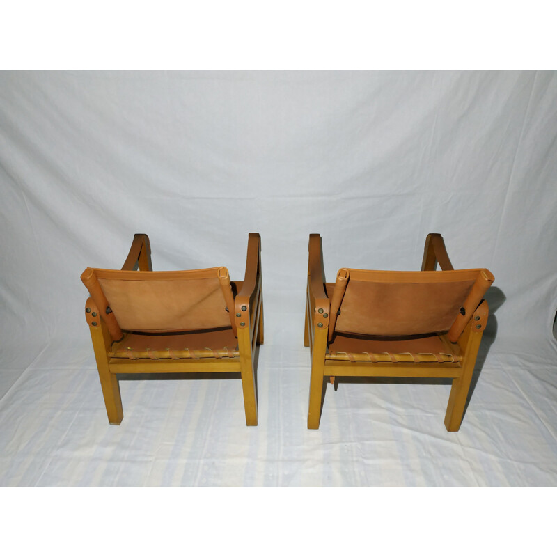 Pair of vintage armchairs Safari in leather, 1950s