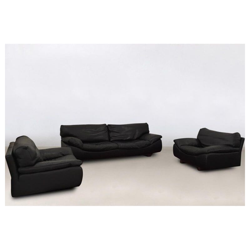 Canapé et 2 fauteuils lounge vintage, ensemble de salon Roche Bobois, cuir noir