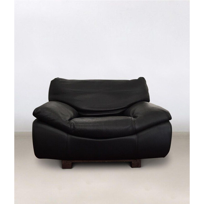 Canapé et 2 fauteuils lounge vintage, ensemble de salon Roche Bobois, cuir noir