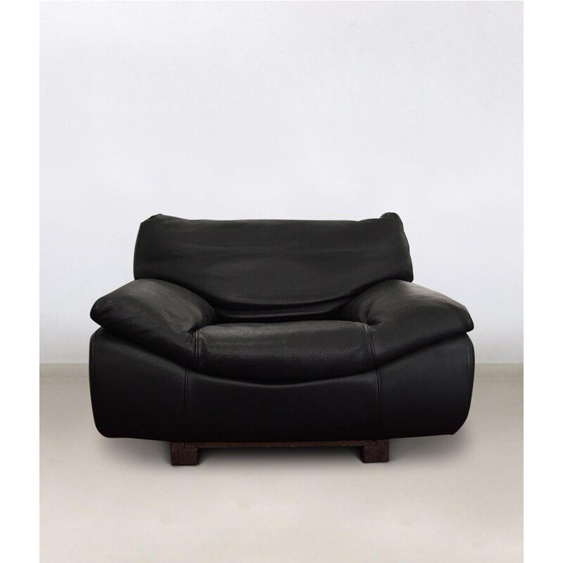 Sofá e 2 cadeiras de sala de estar vintage, conjunto de sala de estar Roche Bobois, couro preto