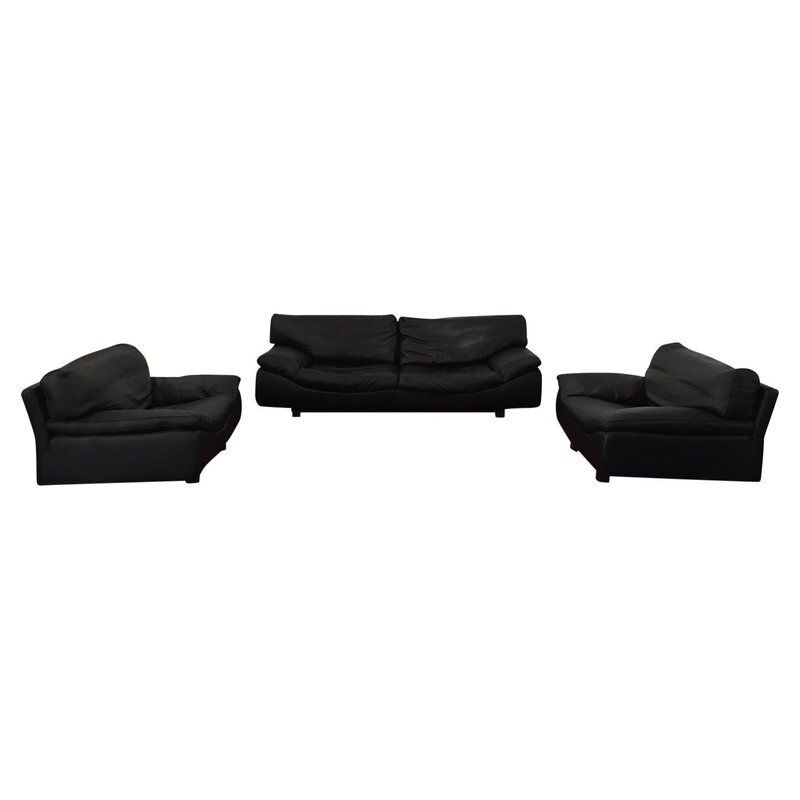 Vintage Sofa and 2 lounge chairs, living room set Roche Bobois, Black Leather