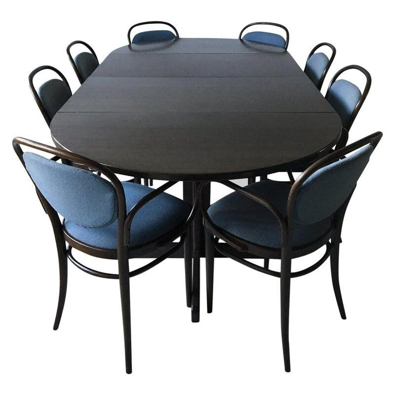 Ensemble table et chaises vintage marron et bleu avec table à rallonge, Thonet, années 1980