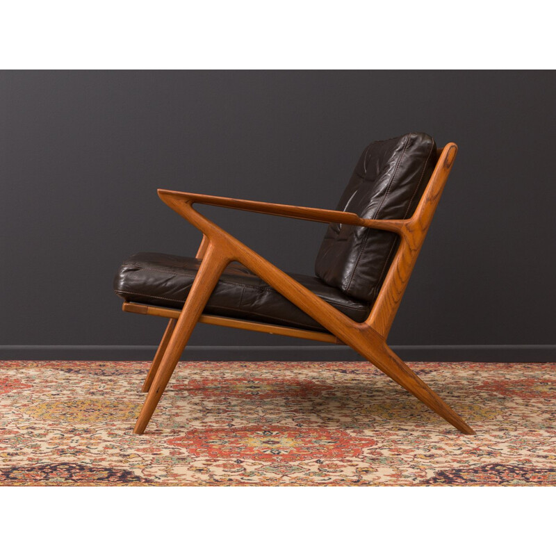 Vintage Z armchair for Selig in brown leather and teak 1950
