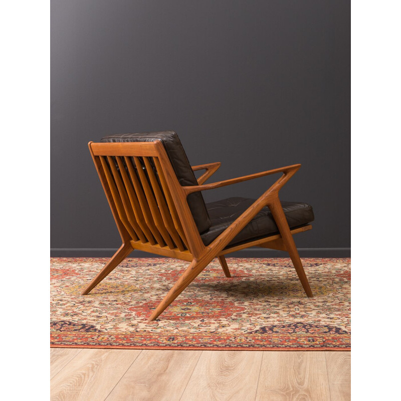 Vintage Z armchair for Selig in brown leather and teak 1950