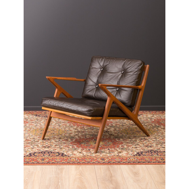 Vintage Z armchair for Selig in brown leather and teak 1950