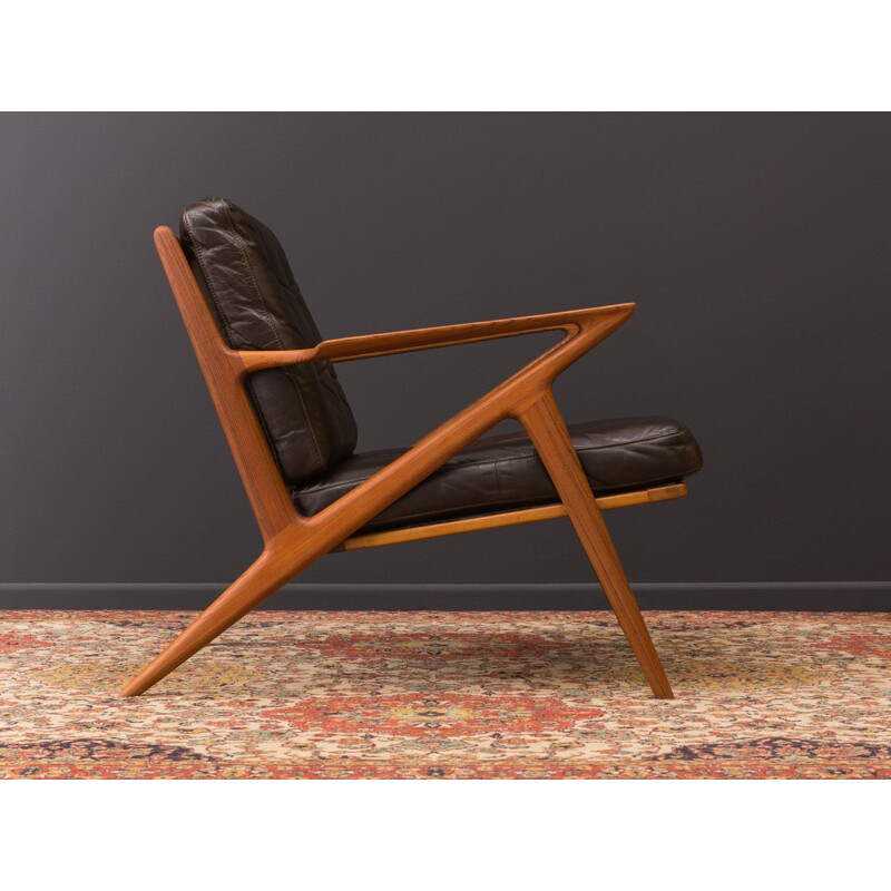 Vintage Z armchair for Selig in brown leather and teak 1950