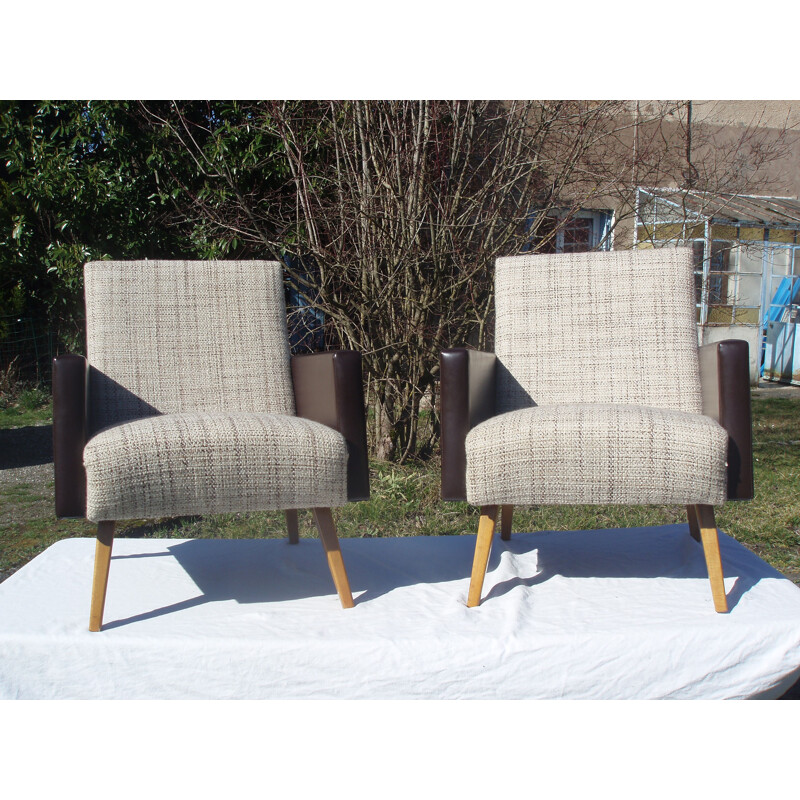 Pair of vintage armchairs in light fabric and brown leatherette 1970