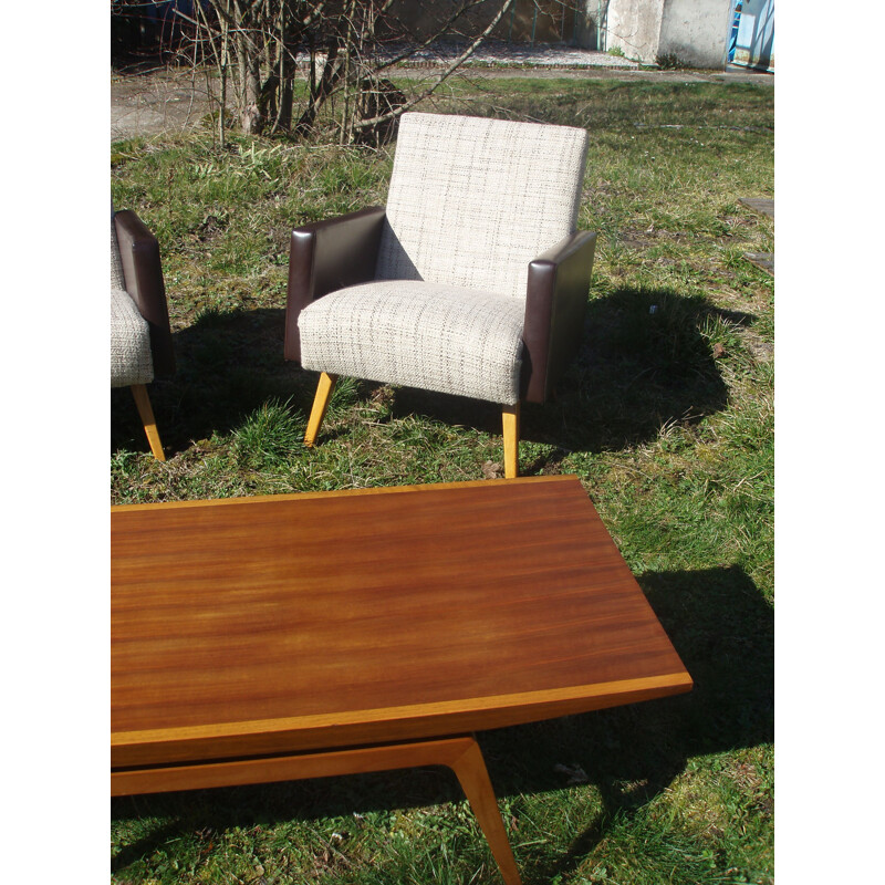 Pair of vintage armchairs in light fabric and brown leatherette 1970
