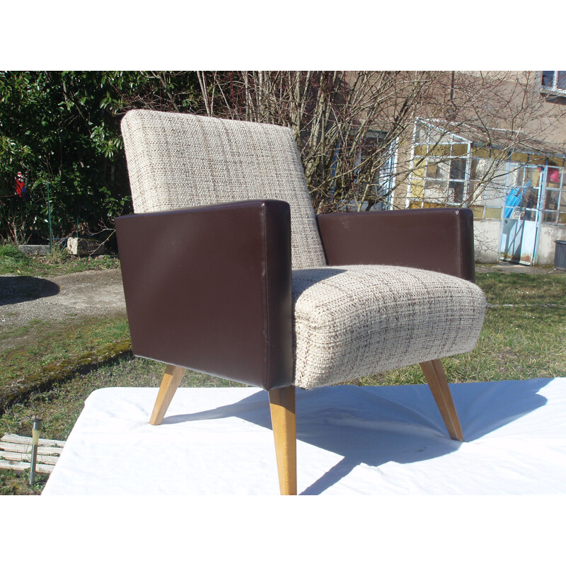 Pair of vintage armchairs in light fabric and brown leatherette 1970