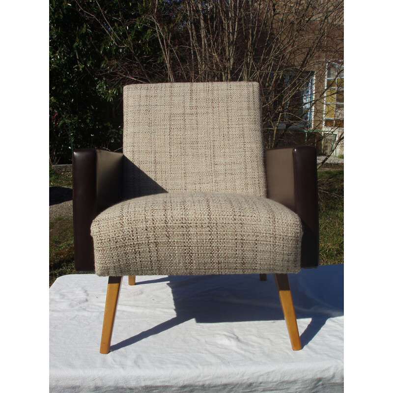 Pair of vintage armchairs in light fabric and brown leatherette 1970