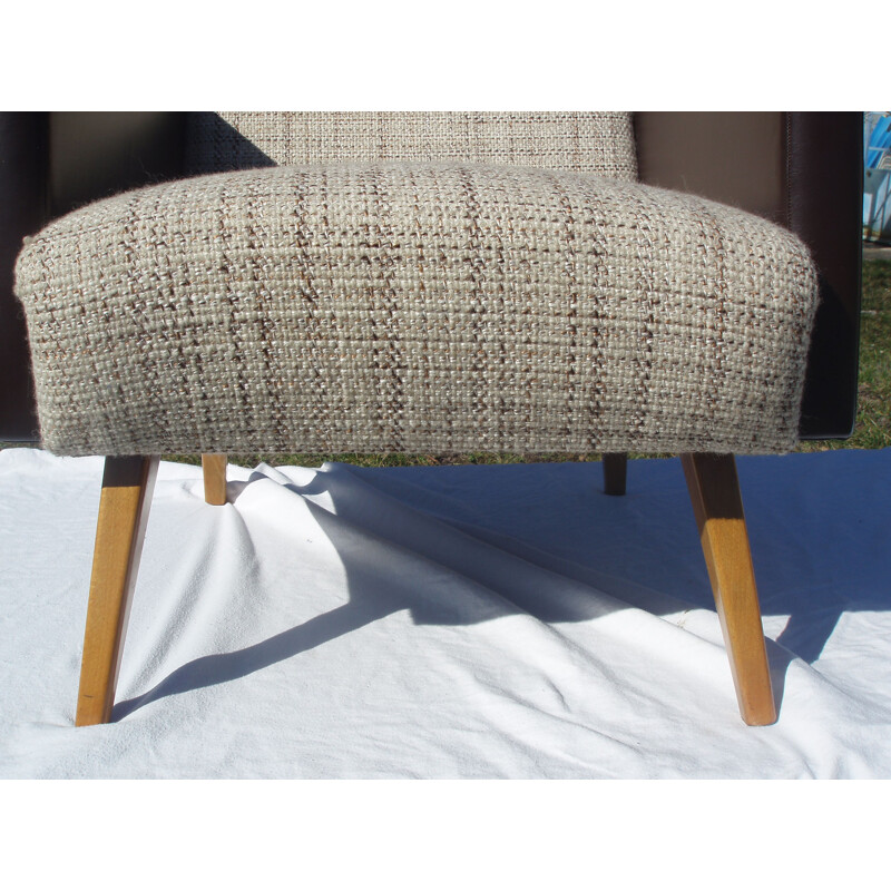 Pair of vintage armchairs in light fabric and brown leatherette 1970