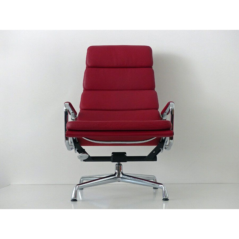 Vintage Soft Pad armchair by Eames for Vitra in red leather and aluminium