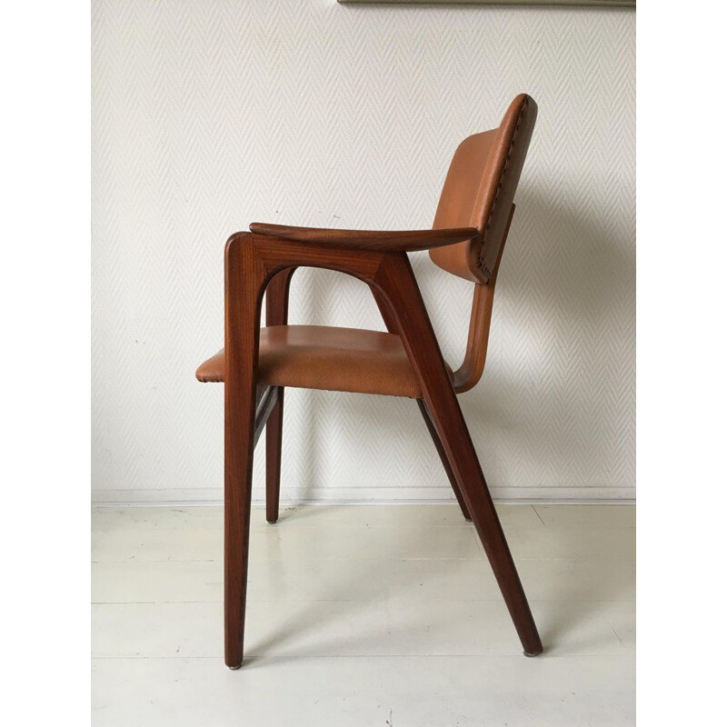 Vintage teak armchair for Pastoe in brown leatherette 1950s