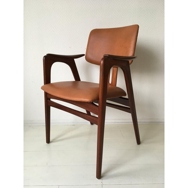 Vintage teak armchair for Pastoe in brown leatherette 1950s