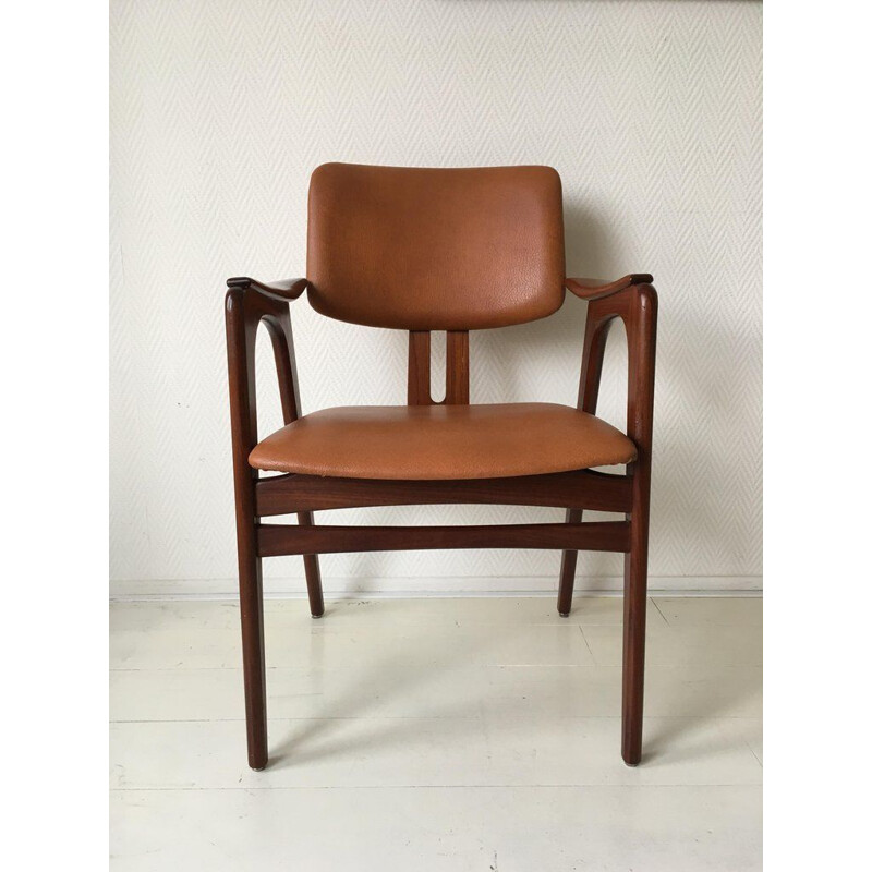 Vintage teak armchair for Pastoe in brown leatherette 1950s