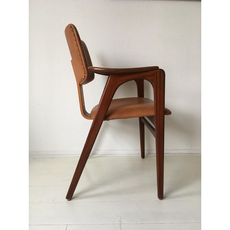 Vintage teak armchair for Pastoe in brown leatherette 1950s