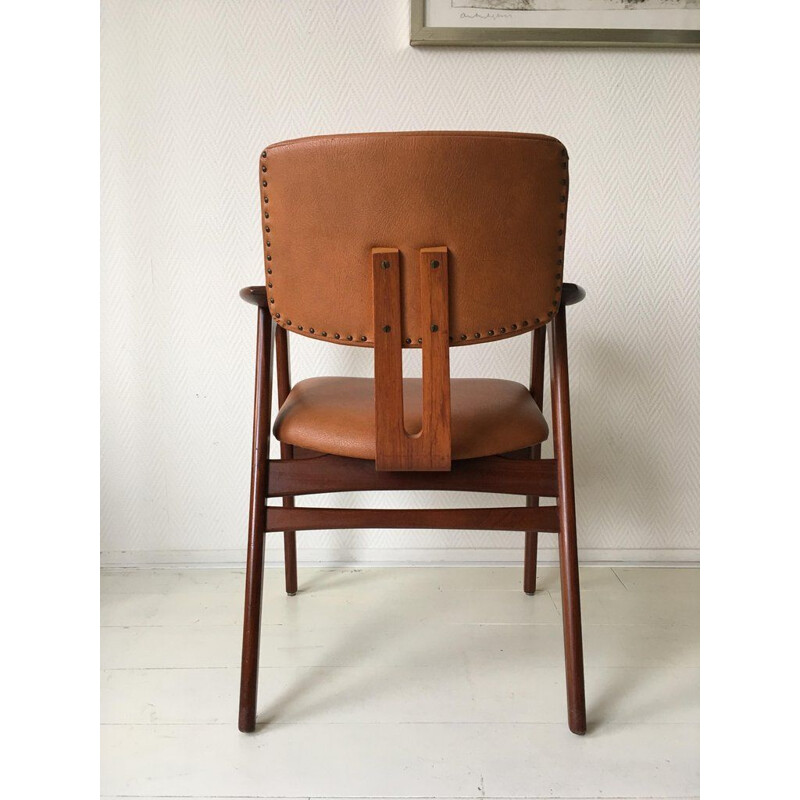 Vintage teak armchair for Pastoe in brown leatherette 1950s