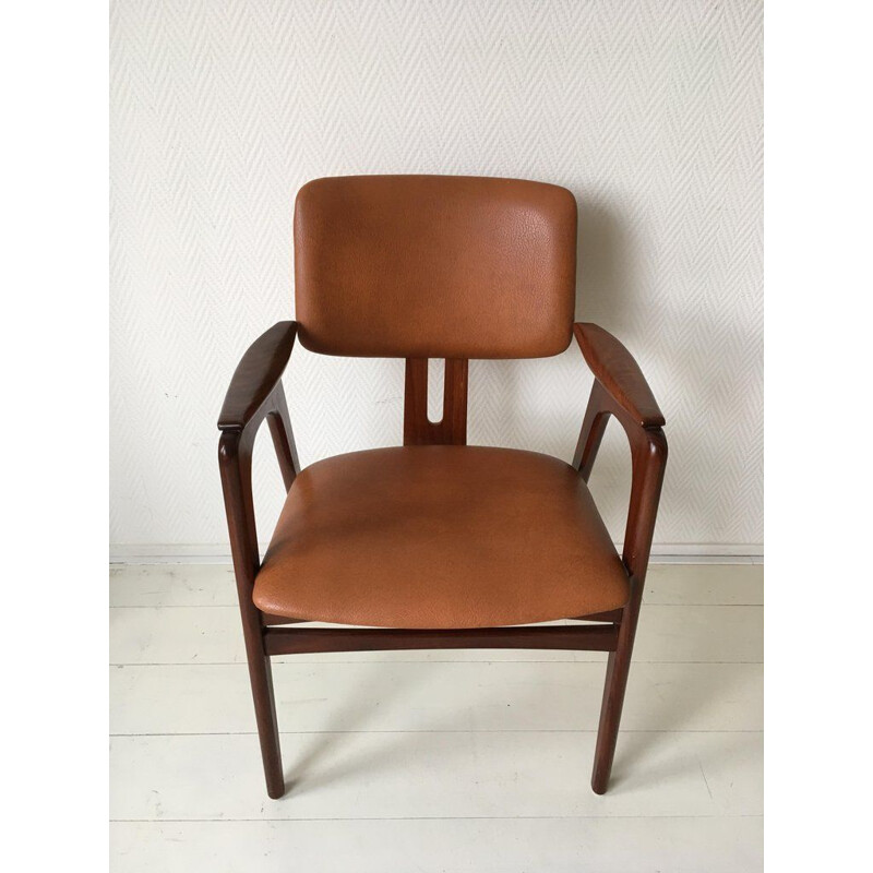 Vintage teak armchair for Pastoe in brown leatherette 1950s