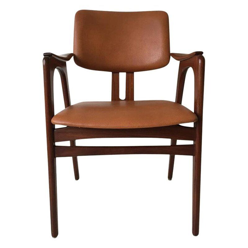 Vintage teak armchair for Pastoe in brown leatherette 1950s