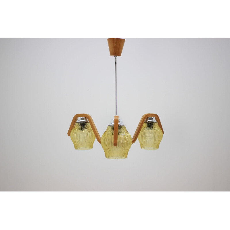 Vintage glass and wood curved suspension, Czechoslovakia 1960