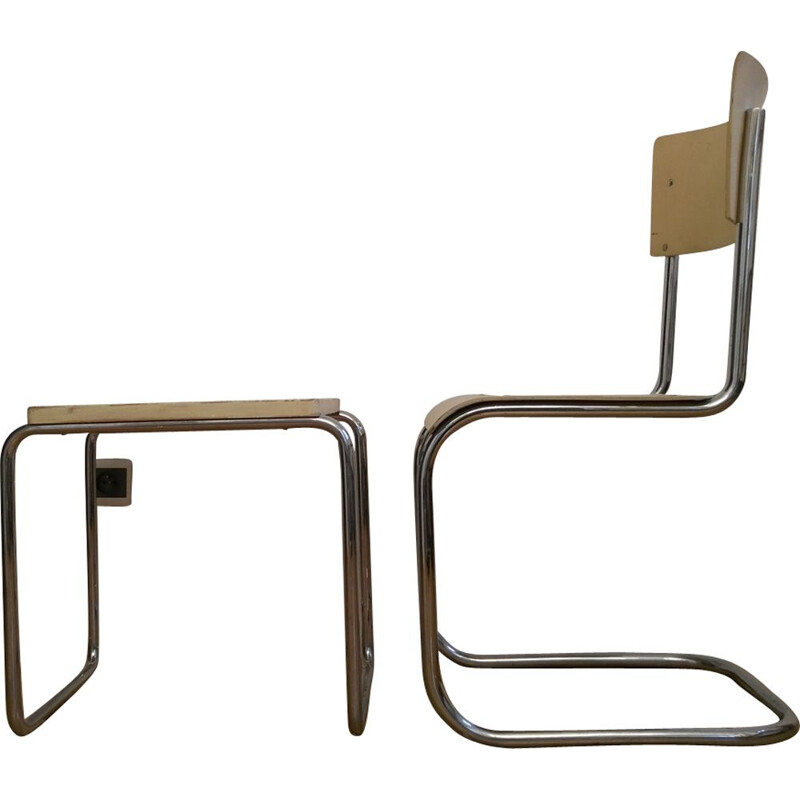 Vintage gele stoel en Bauhaus kruk van Slezák in metaal 1930