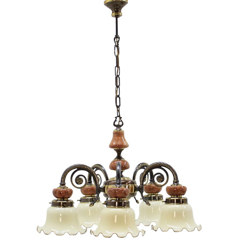 Set of 6 vintage chandeliers in brass and marble 1980