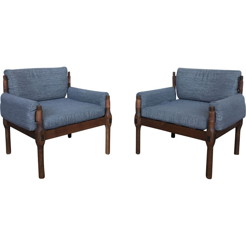 Pair of grey armchairs in teak