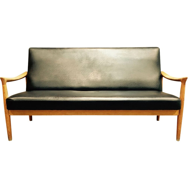 Vintage sofa in oak and leatherette by Fritz Hansen