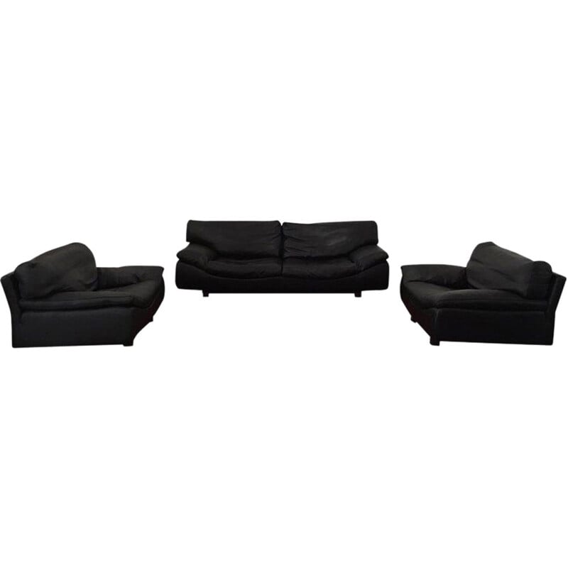 Sofa und 2 Lounge-Sessel im Vintage-Stil, Lounge-Set Roche Bobois, schwarzes Leder