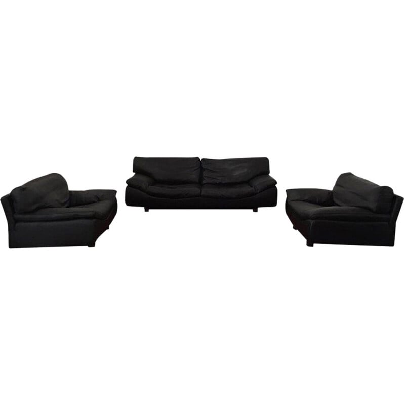 Vintage Sofa and 2 lounge chairs, living room set Roche Bobois, Black Leather