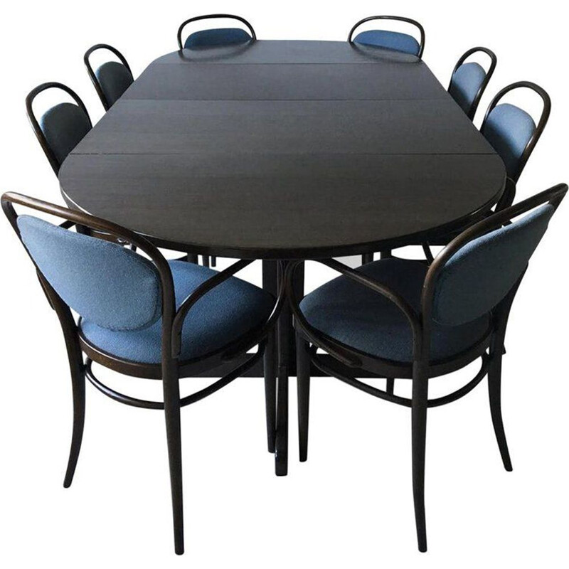 Ensemble table et chaises vintage marron et bleu avec table à rallonge, Thonet, années 1980