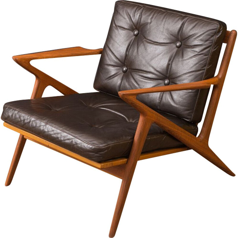Vintage Z armchair for Selig in brown leather and teak 1950