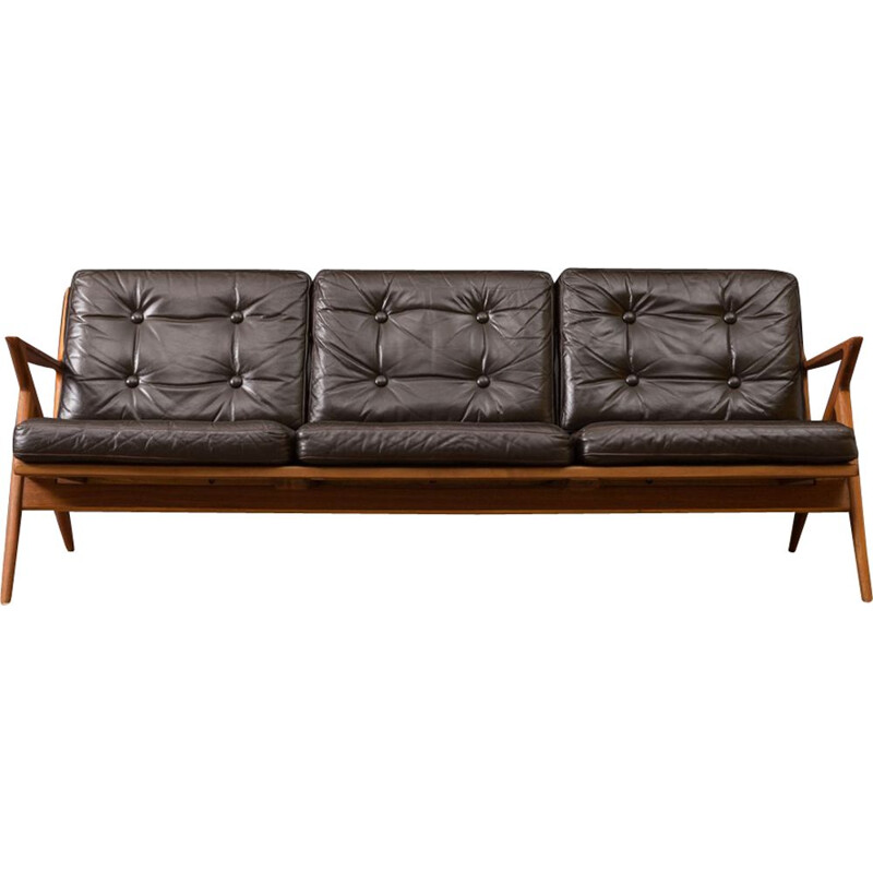 Vintage Z sofa for Selig in teak and brown leather 1950s
