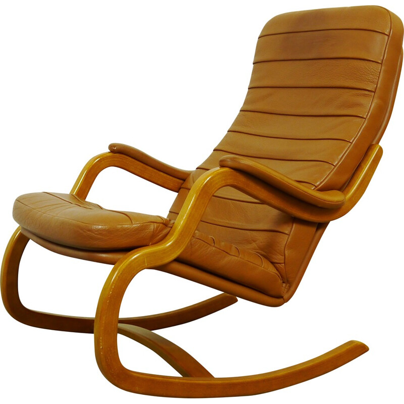 Scandinavian leather and wooden rocking chair, Takashi OKAMURA & Erik MARQUARDSEN - 1980s