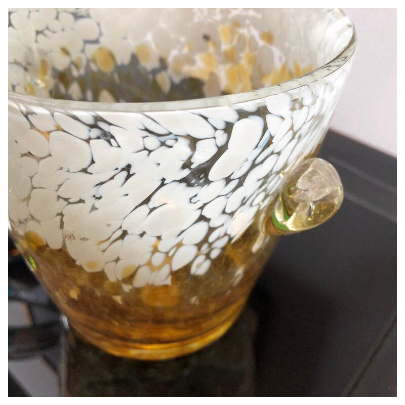 Vintage Venini Yellow and White Murano Glass Ice Bucket, 1980