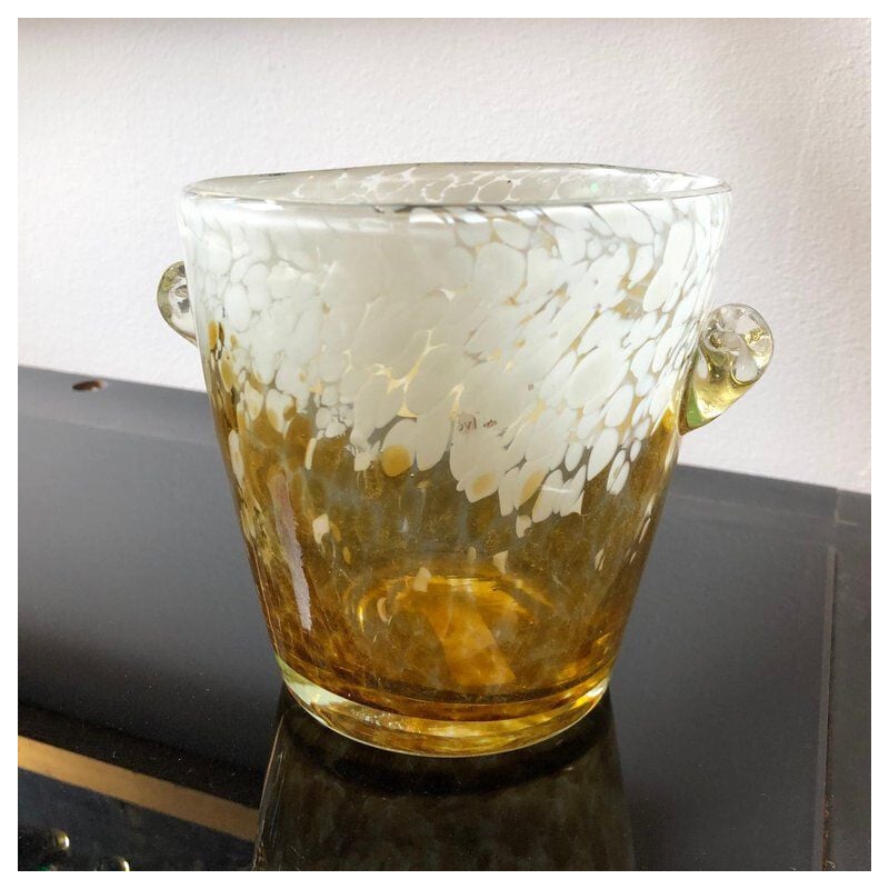 Vintage Venini Yellow and White Murano Glass Ice Bucket, 1980