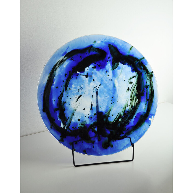 Vintage Glass dish by Tróndur Patursson, Whale in blue colors