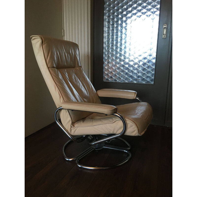 Vintage swivel lounge chair Leather & Tubular Steel, Danish 