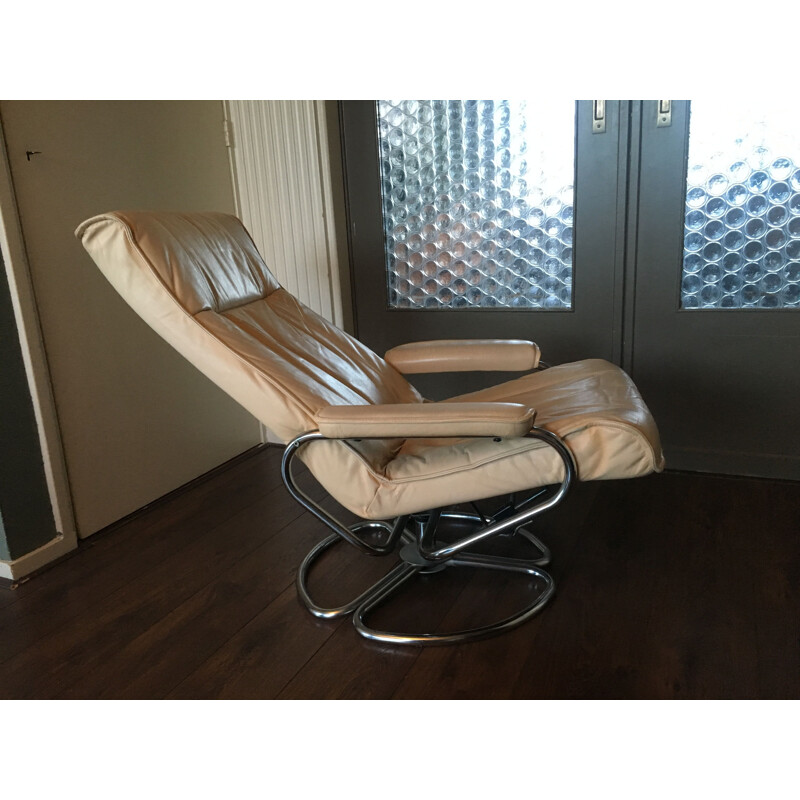 Vintage swivel lounge chair Leather & Tubular Steel, Danish 