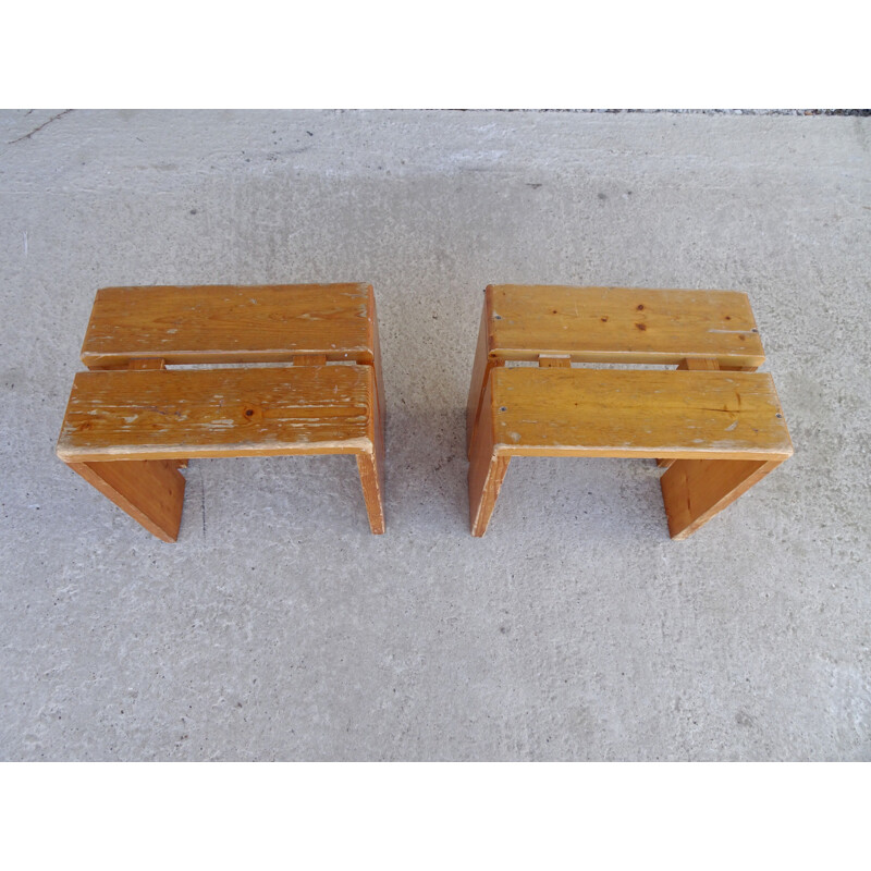 Vintage pair of stools in pine by charlotte perriand,1960