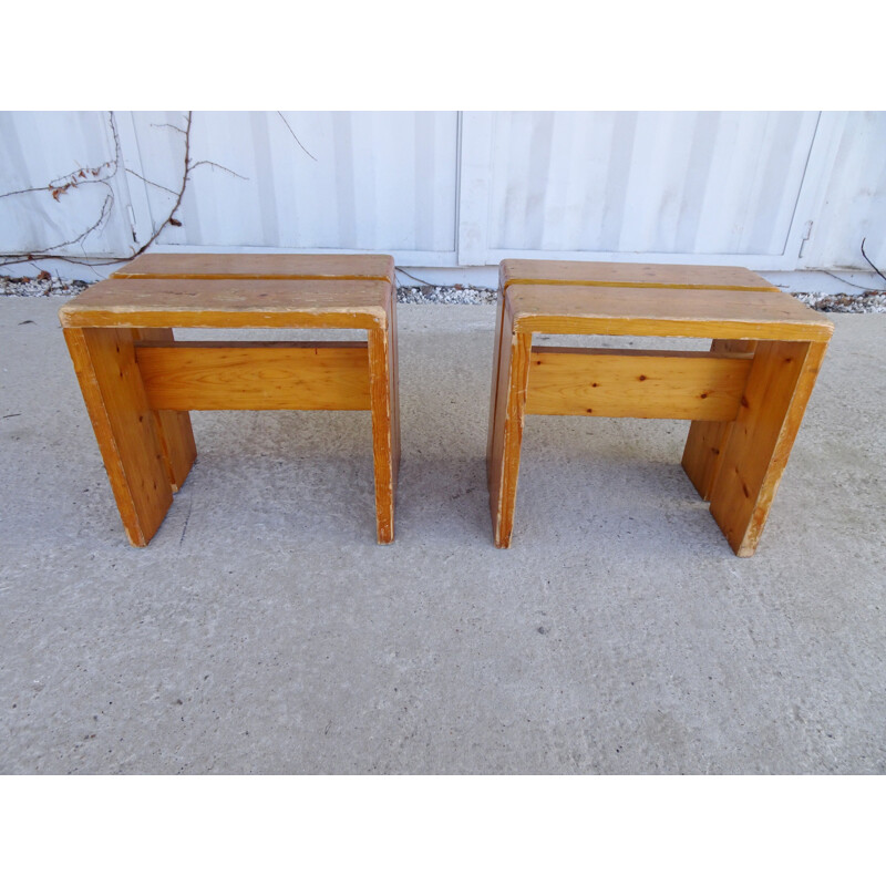 Vintage pair of stools in pine by charlotte perriand,1960