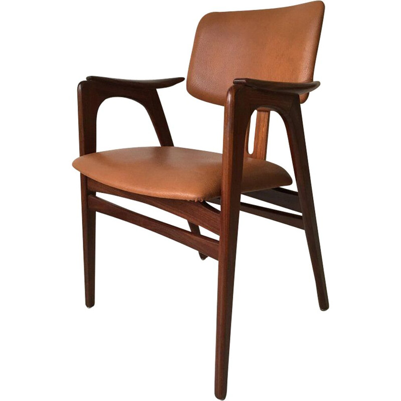 Vintage teak armchair for Pastoe in brown leatherette 1950s