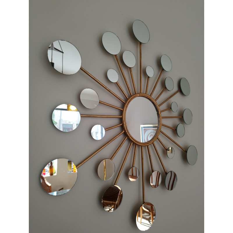 Miroir vintage en métal, soleil multi miroirs années 70