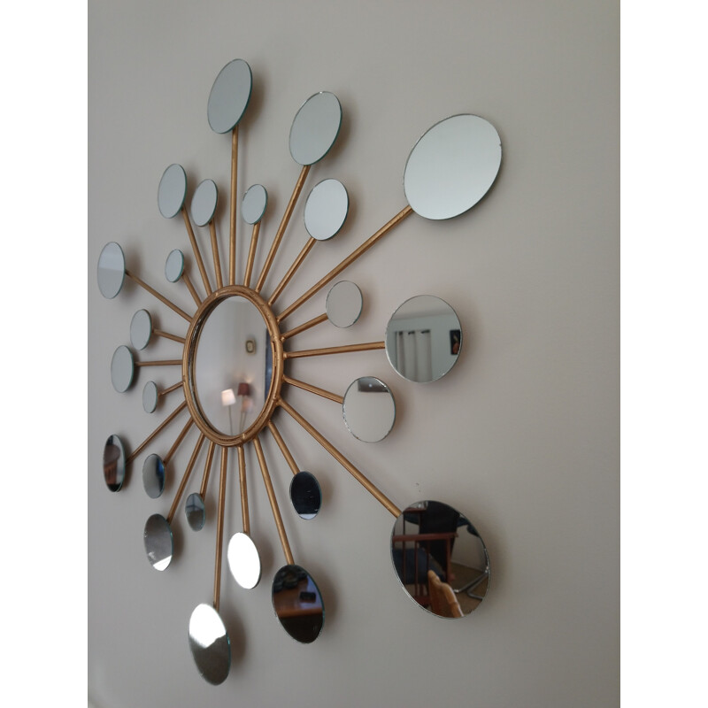 Miroir vintage en métal, soleil multi miroirs années 70