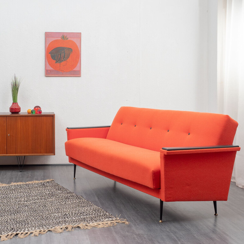 Vintage sofa in coral red, fold-out function, 1950s 