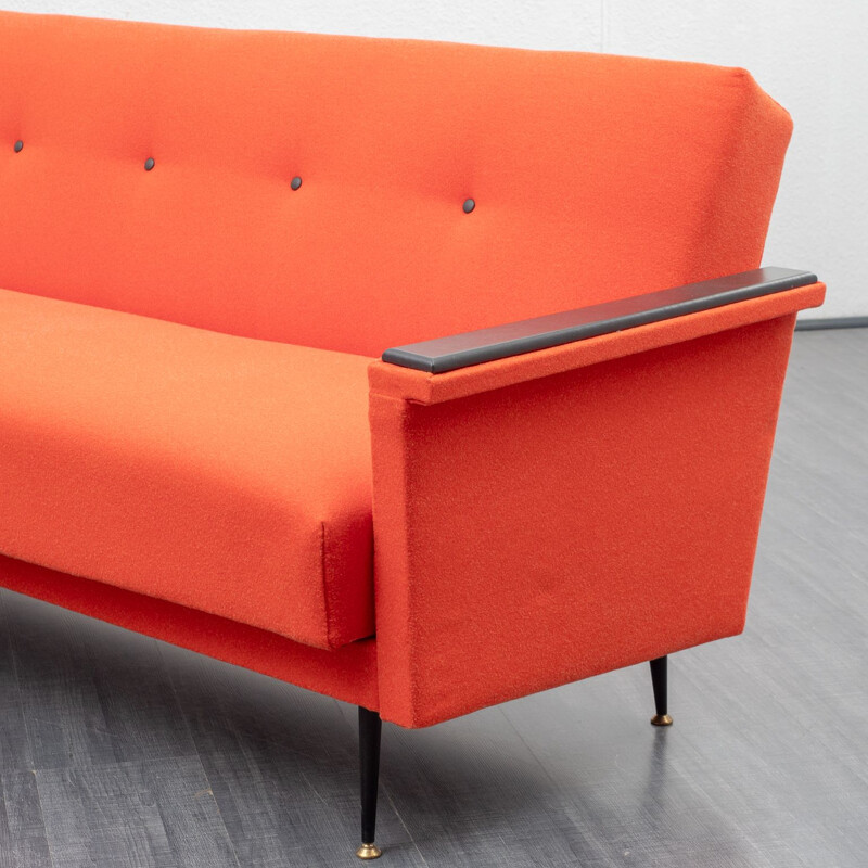 Vintage sofa in coral red, fold-out function, 1950s 