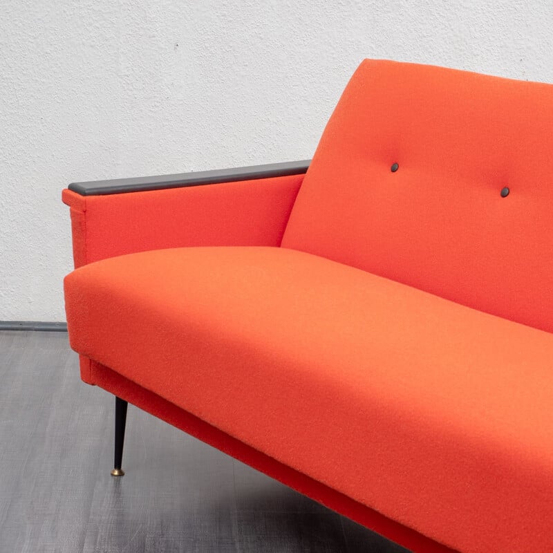Vintage sofa in coral red, fold-out function, 1950s 