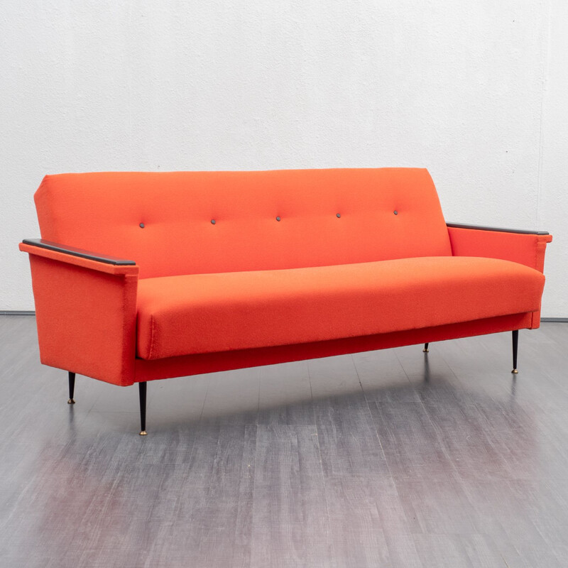 Vintage sofa in coral red, fold-out function, 1950s 