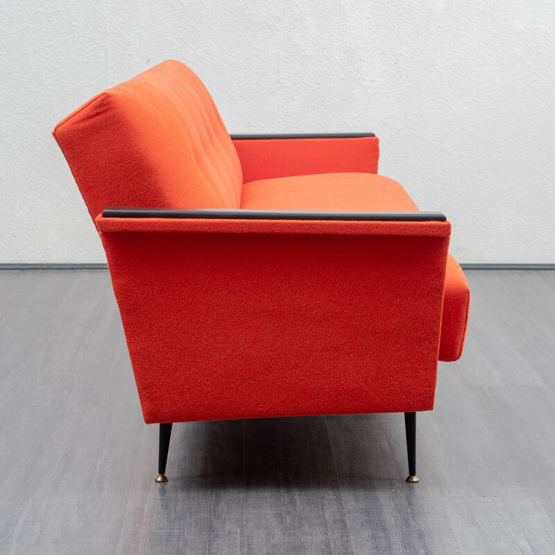 Vintage sofa in coral red, fold-out function, 1950s 