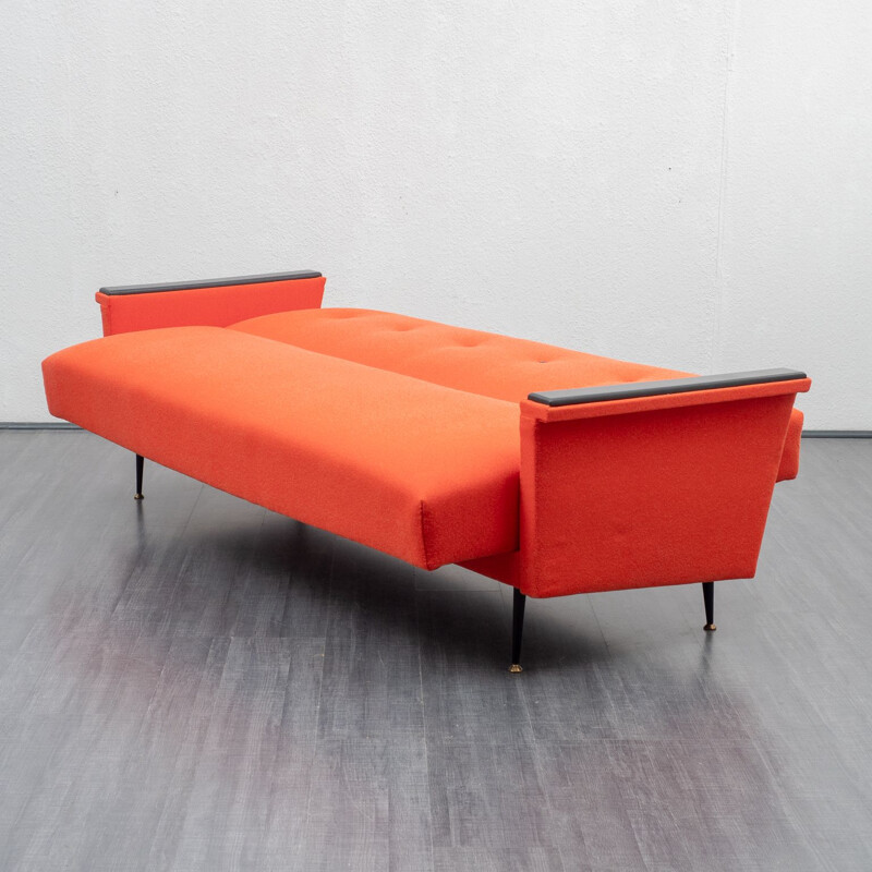 Vintage sofa in coral red, fold-out function, 1950s 